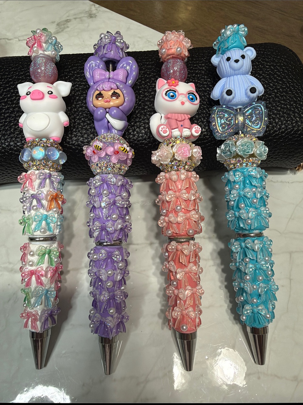 Ser of 4 Cute Character Pens - Pink, Purple, Blue, White Options